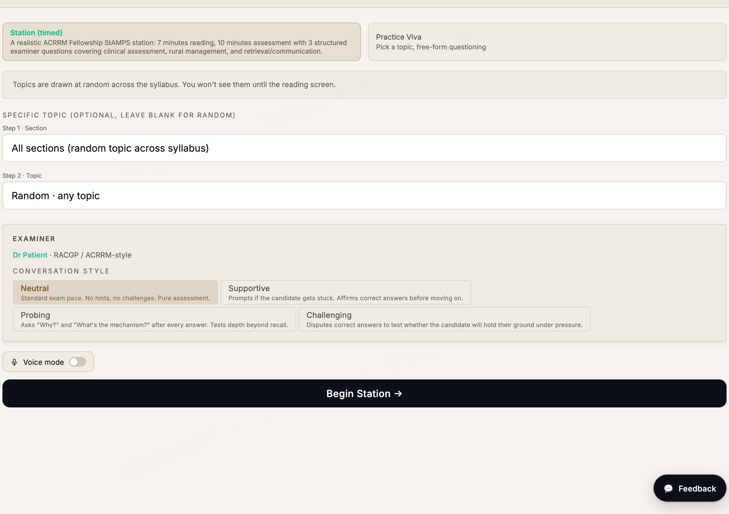 ACRRM viva and voice practice: a timed StAMPS station setup with selectable examiner conversation styles and voice mode