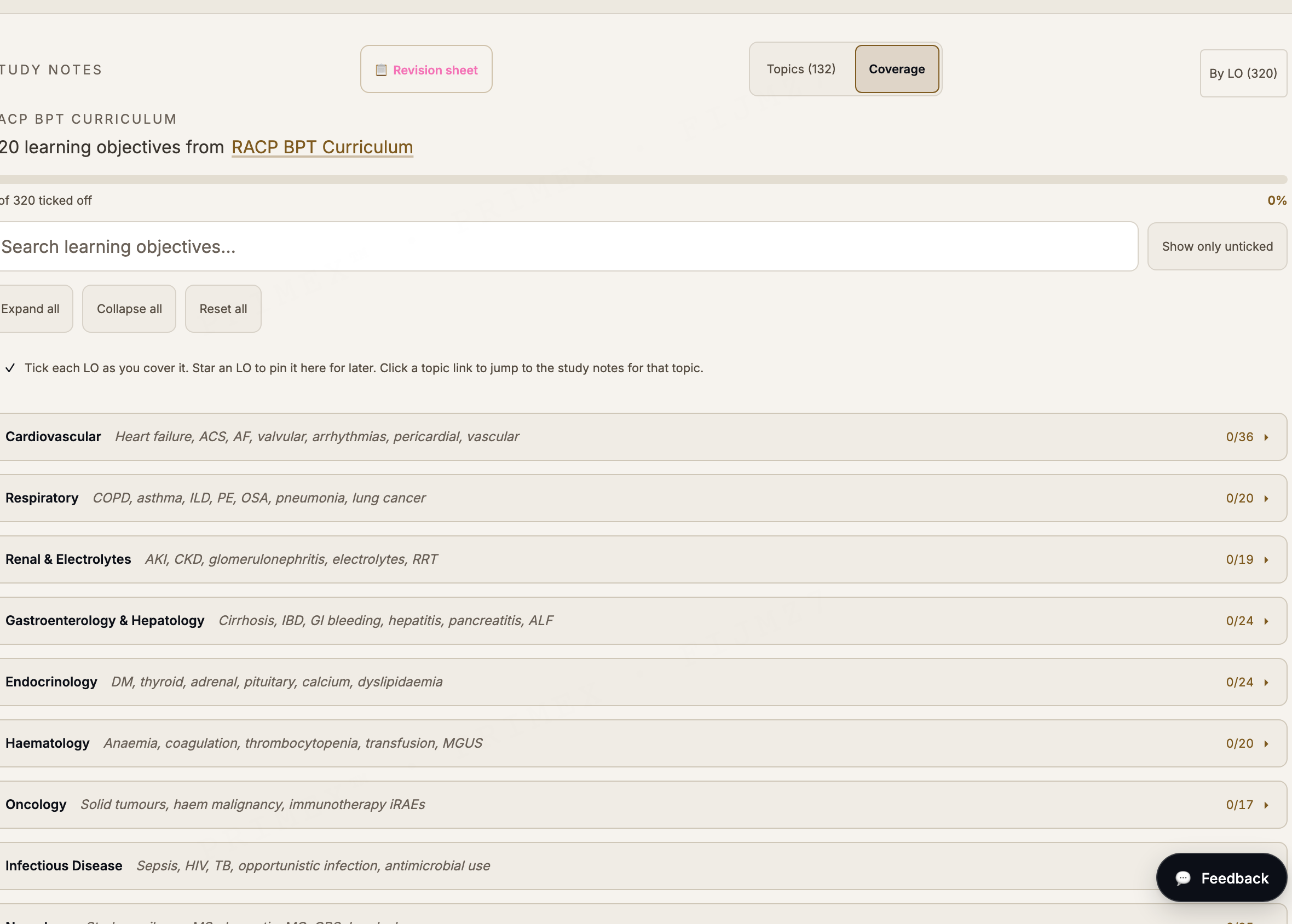 RACP BPT curriculum tracker: learning objectives grouped by discipline with progress counts