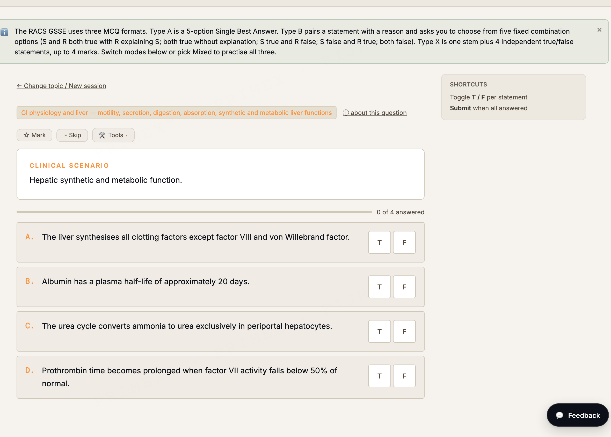 RACS GSSE MCQ practice: a Type X true/false question on hepatic synthetic function with five statements