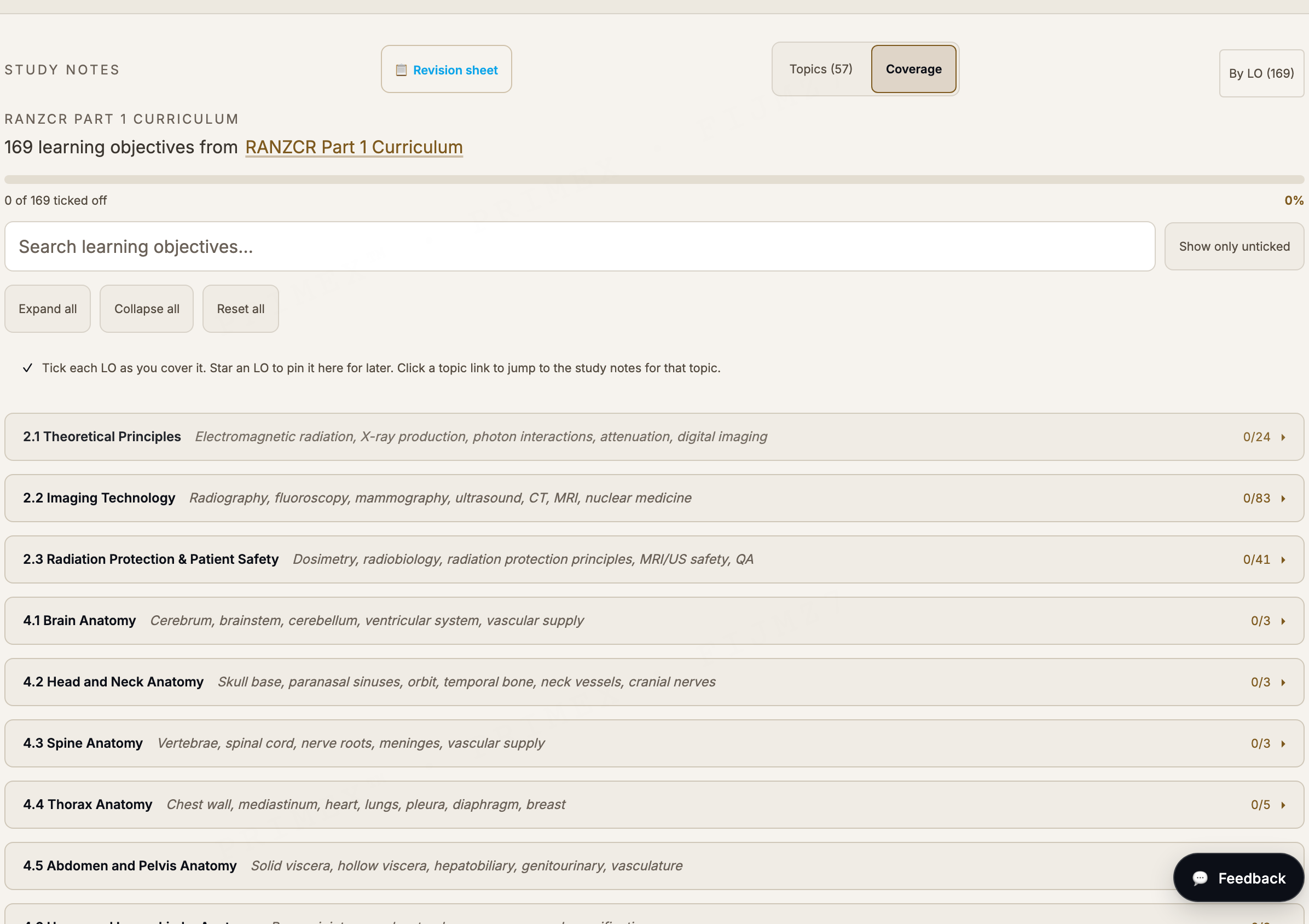 RANZCR Part 1 curriculum tracker: 169 learning objectives grouped across nine sections with per-section progress counts